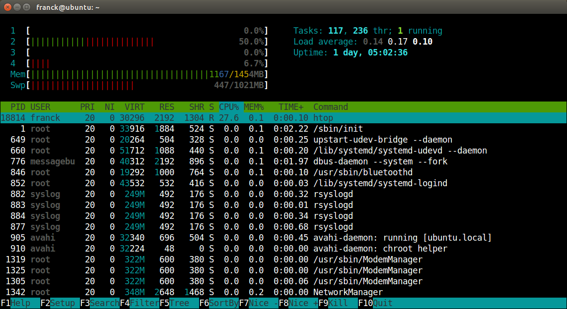 Fig 07. % d'utilisation par CPU et liste des processus par htop