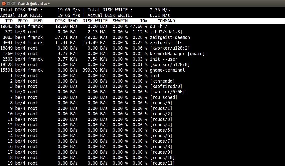 Fig 13. iotop affiche que la commande du -h / lit le disque à 19MB/sec