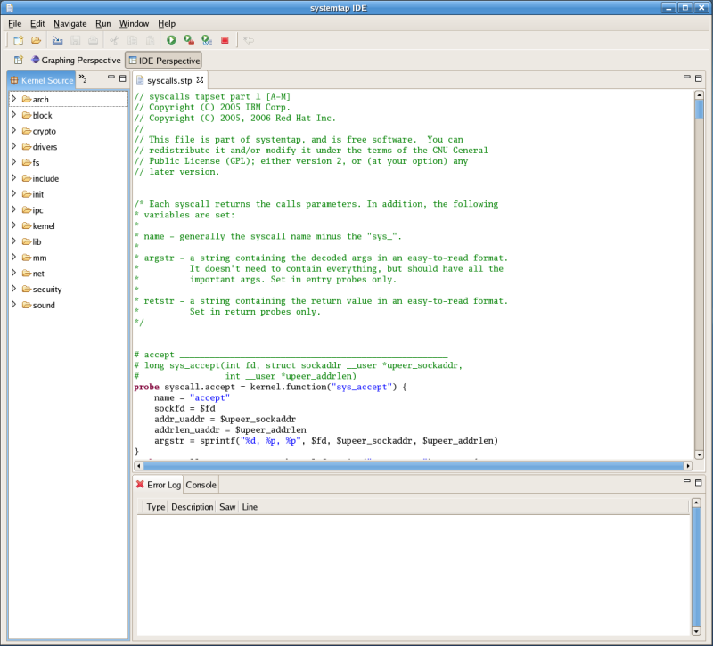 Fig 21. IDE intégré de SystemTap-GUI, source : http://stapgui.sourceforge.net